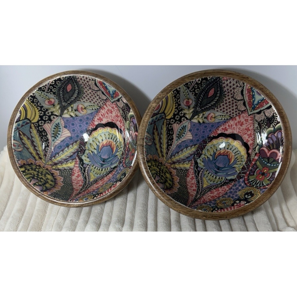 World Market Set of 2 Mango Wood Bowls Enamel Pattern 5.5" Decorative *READ*